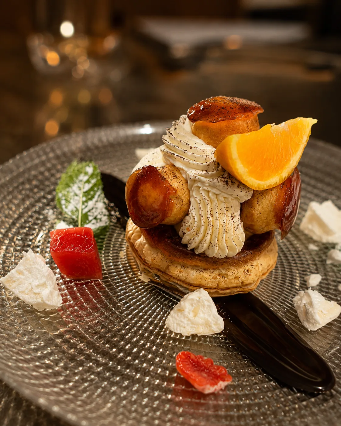 Dessert aux agrumes dressé par le chef du Loft