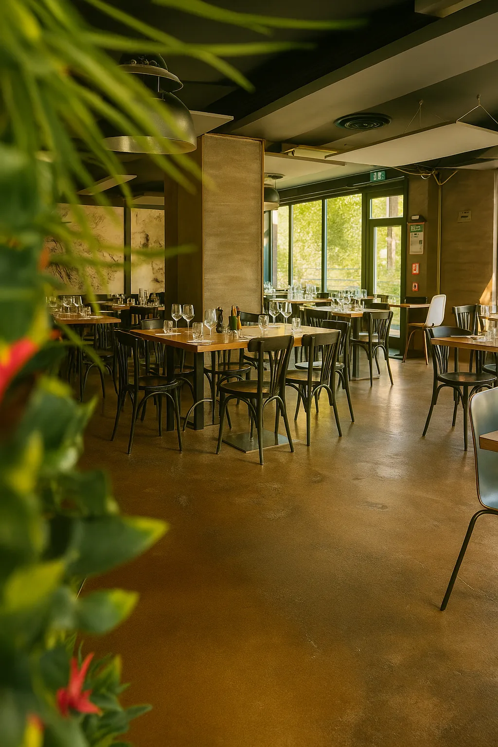 Salle du restaurant Le Loft entre bois et verdure